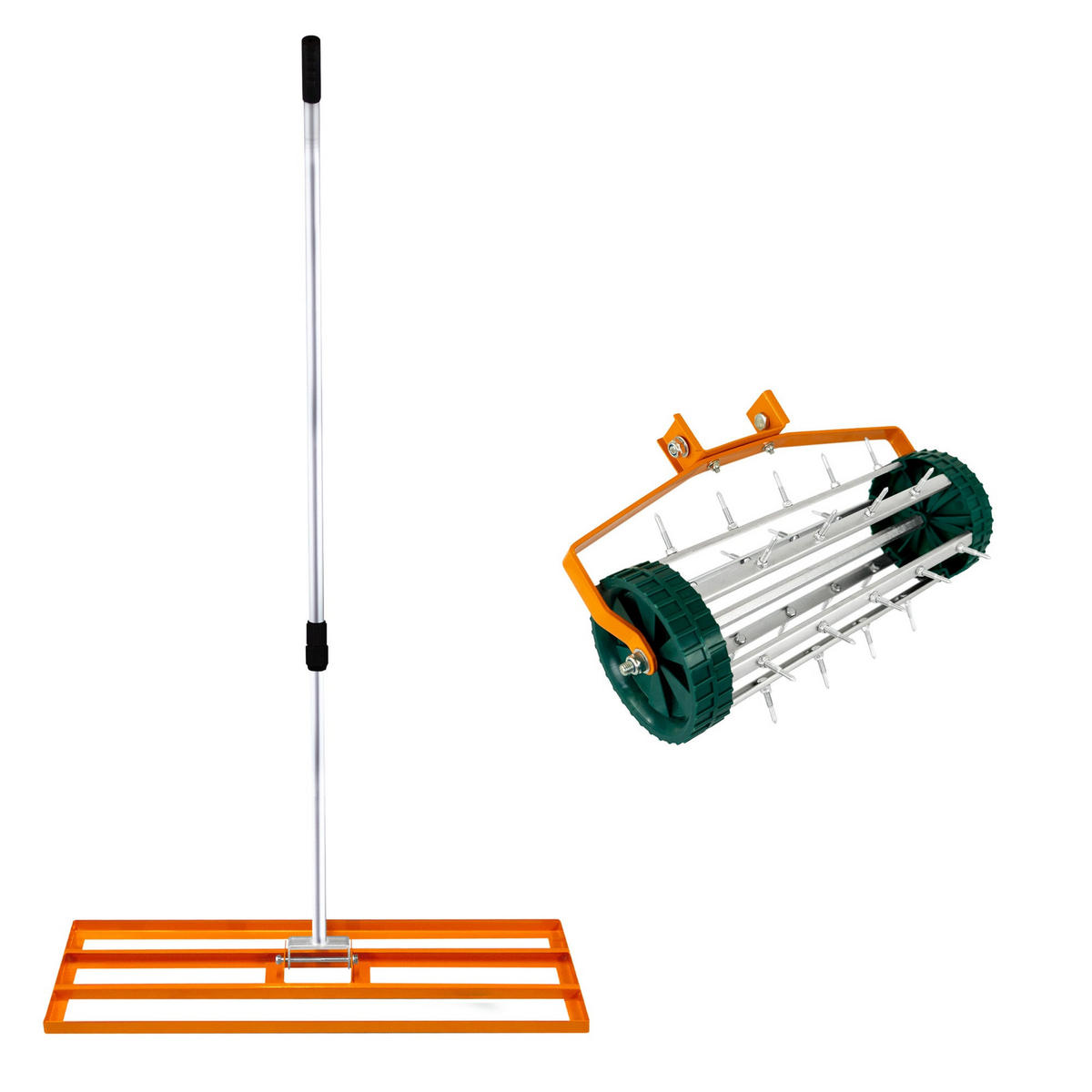 RASENRAKEL 100cm und rollender Rasenlüfter – Orange - Orange, Metall (100/115/32cm) - T-Mech