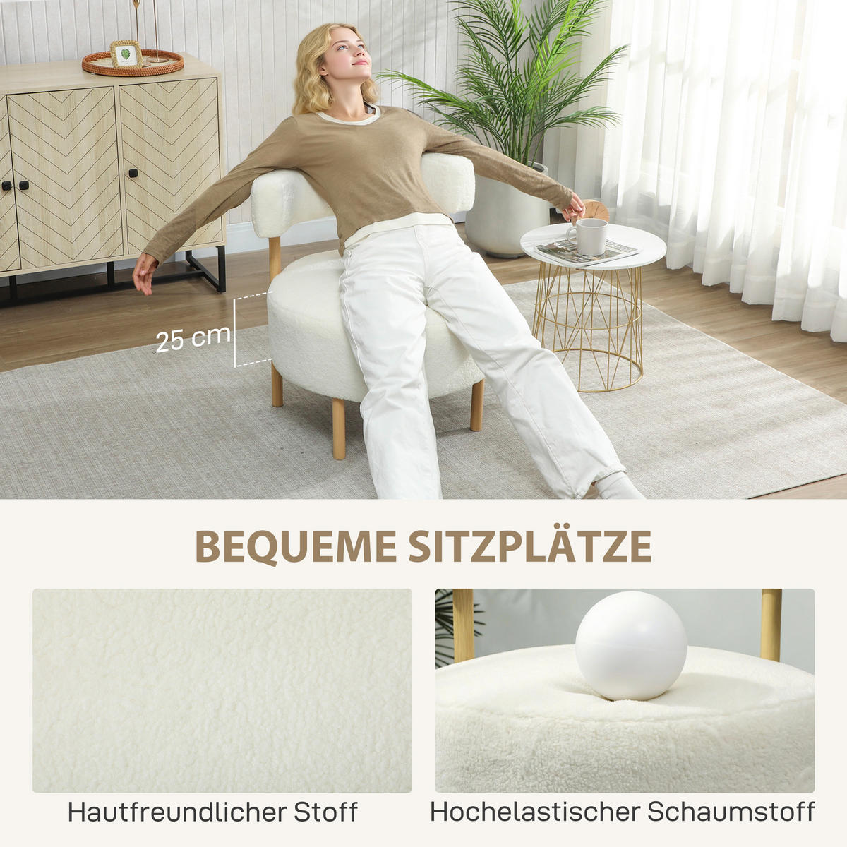 RELAXSESSEL DE-06550 Sherpa-Fleece, Metallbeine in Holzoptik Cremeweiß - Creme, Holz/Textil (67/71/67cm) - ComfortXL