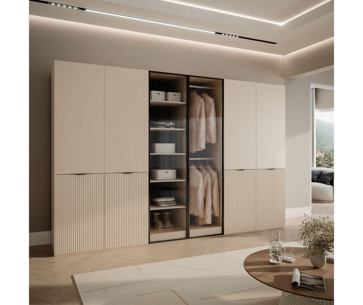 KLEIDERSCHRANK SANDBOX KASHMIR 300 303/49/200 cm Kaschmir / Kaschmir + geriffeltes Glas mit LED 12 Zusatzböden - Kaschmir/Transparent, Holzwerkstoff/Kunststoff (303/200/49cm) - Lookway