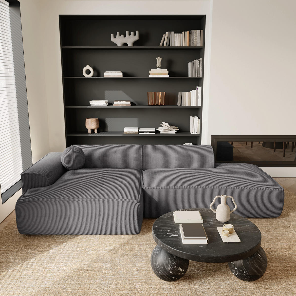 ECKSOFA LINKS Gerippter Samt Anthrazitgrau 300cm - Dunkelgrau/Anthrazit, Textil (155/300cm) - Sia Home