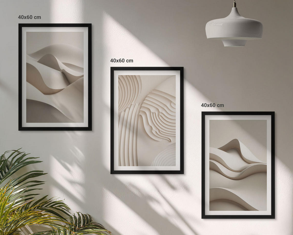 BILDER SET 3er Set - 40x60 cm Schwarzer Rahmen - Abstrakte beige Wellen - Schwarz, Kunststoff (40/60cm) - TULUP