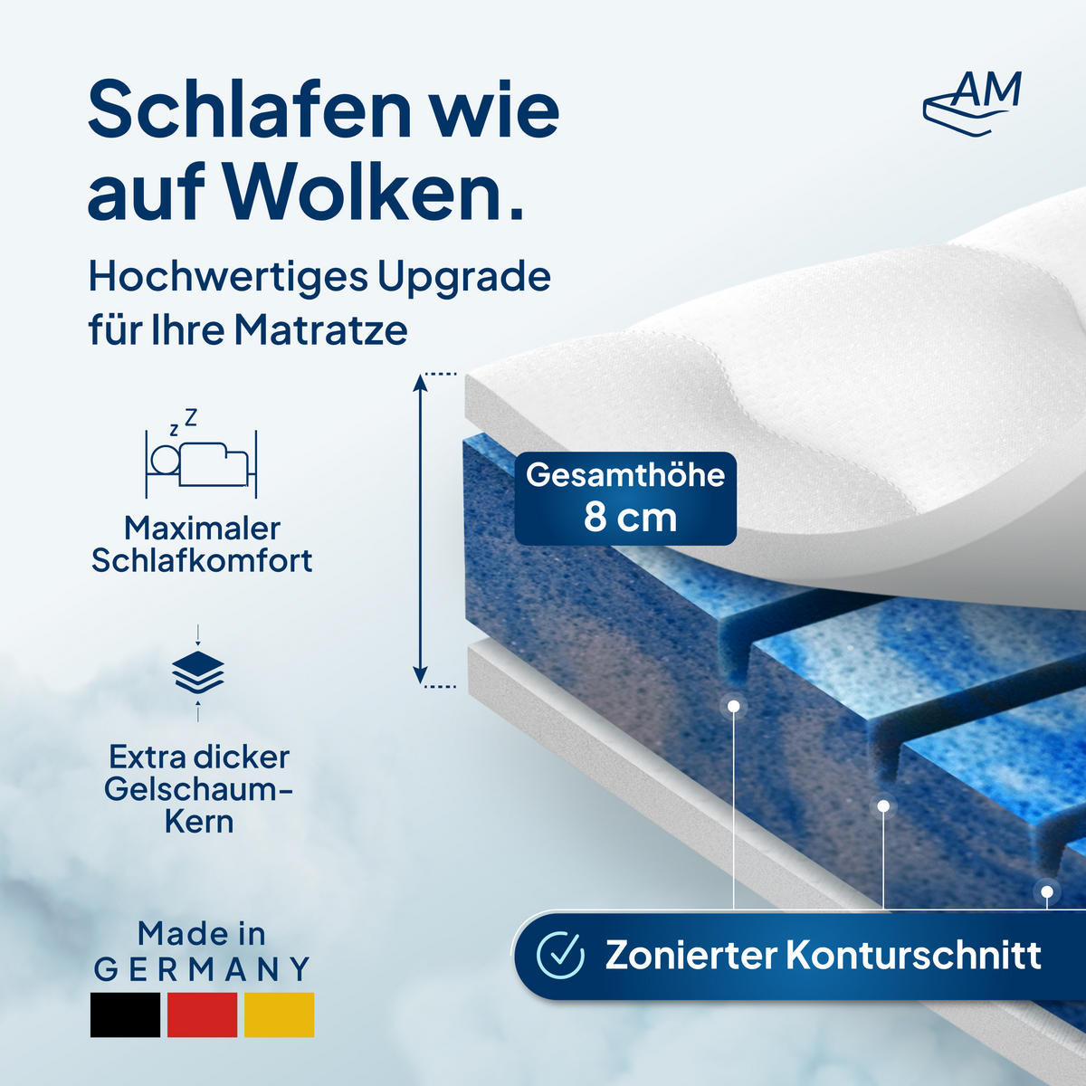 GELSCHAUM TOPPER 7-Zonen 135/180 cm - 8cm Höhe & Tencel Bezug - Weiß, Textil (135/180cm) - AM Qualitätsmatratzen