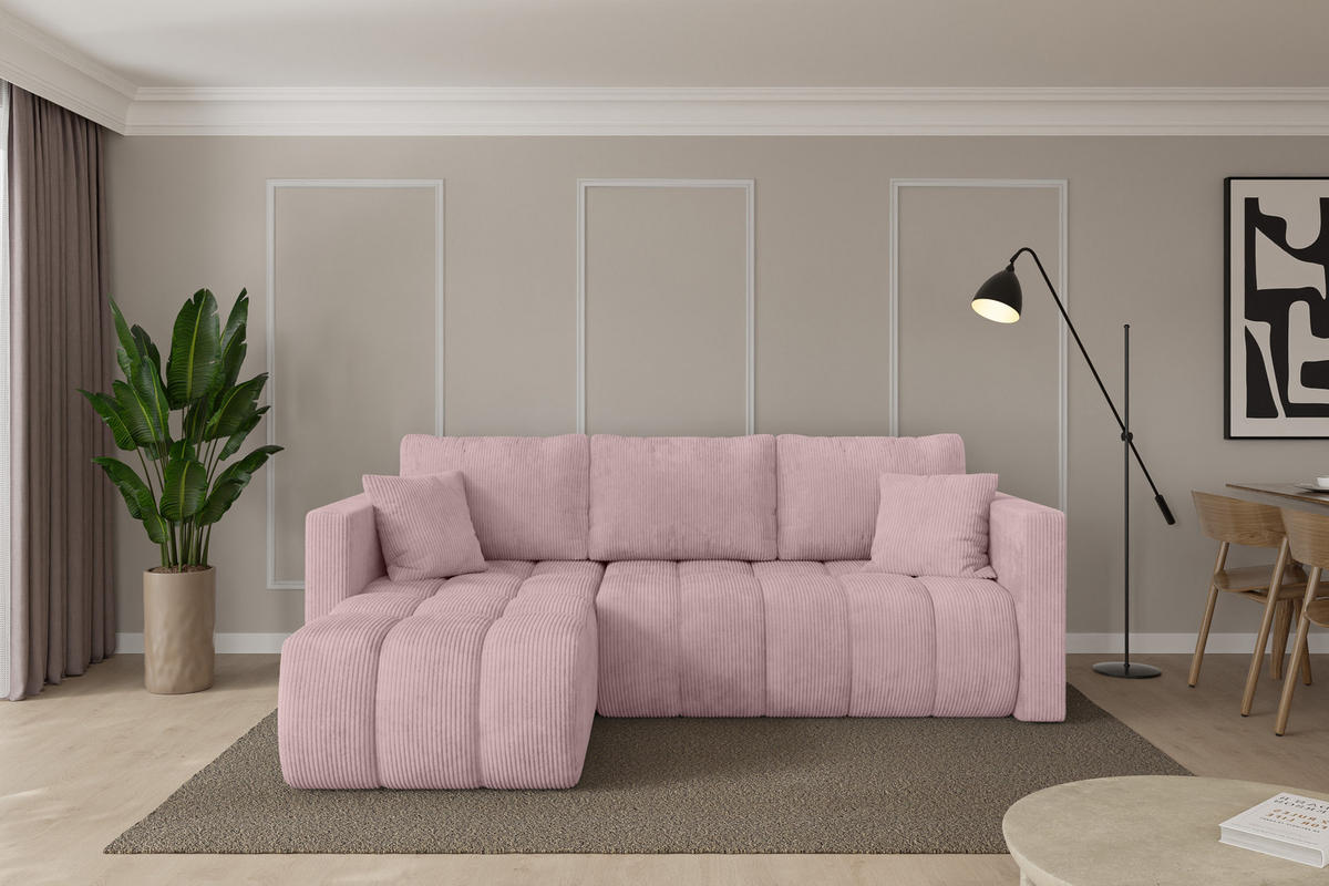 ROHOVÁ SEDAČKA s funkcí spaní, otoman vlevo GARD-L 226x146x85 růžová manšestr - růžová/černá, kompozitní dřevo/textil (226/146cm) - ALTDECOR