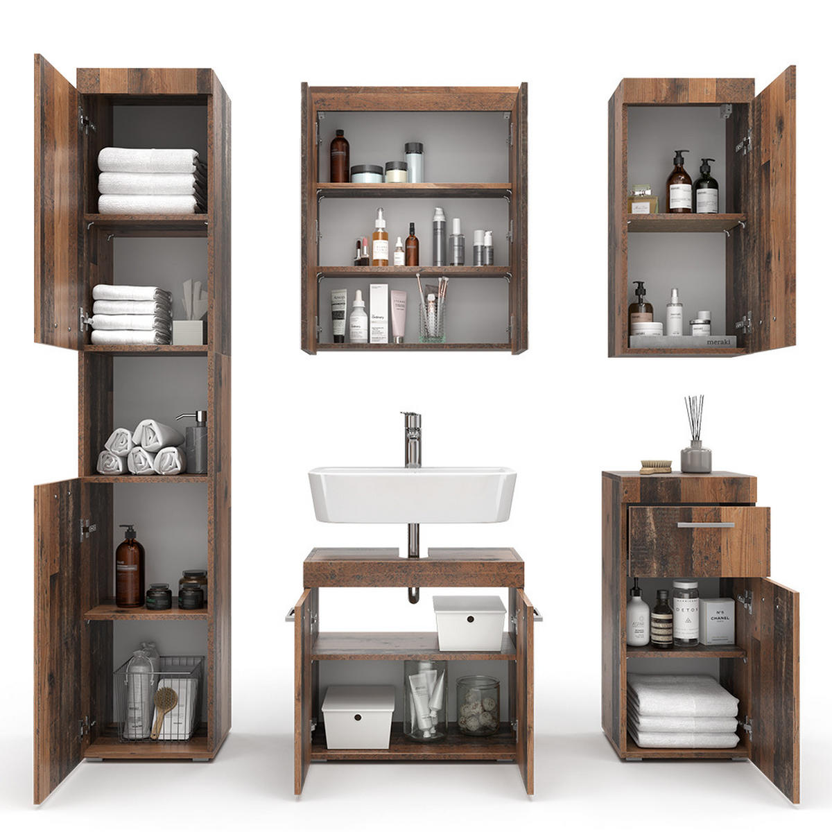 BADMÖBEL-SET Luna Oldstyle 5 Teile - Braun, Holzwerkstoff (60/56/34cm) - Vicco