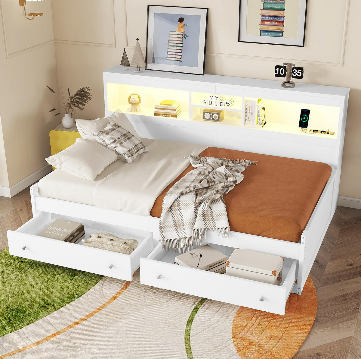 TAGESBETT 90/200 cm mit LED-Ambientebeleuchtung, 2 USB-Anschlüssen, 2 Steckdosen, 2 Schubladen und Spanplatte/MDF, Weiß/Natur - Weiß, Holzwerkstoff (90/200cm) - Redom