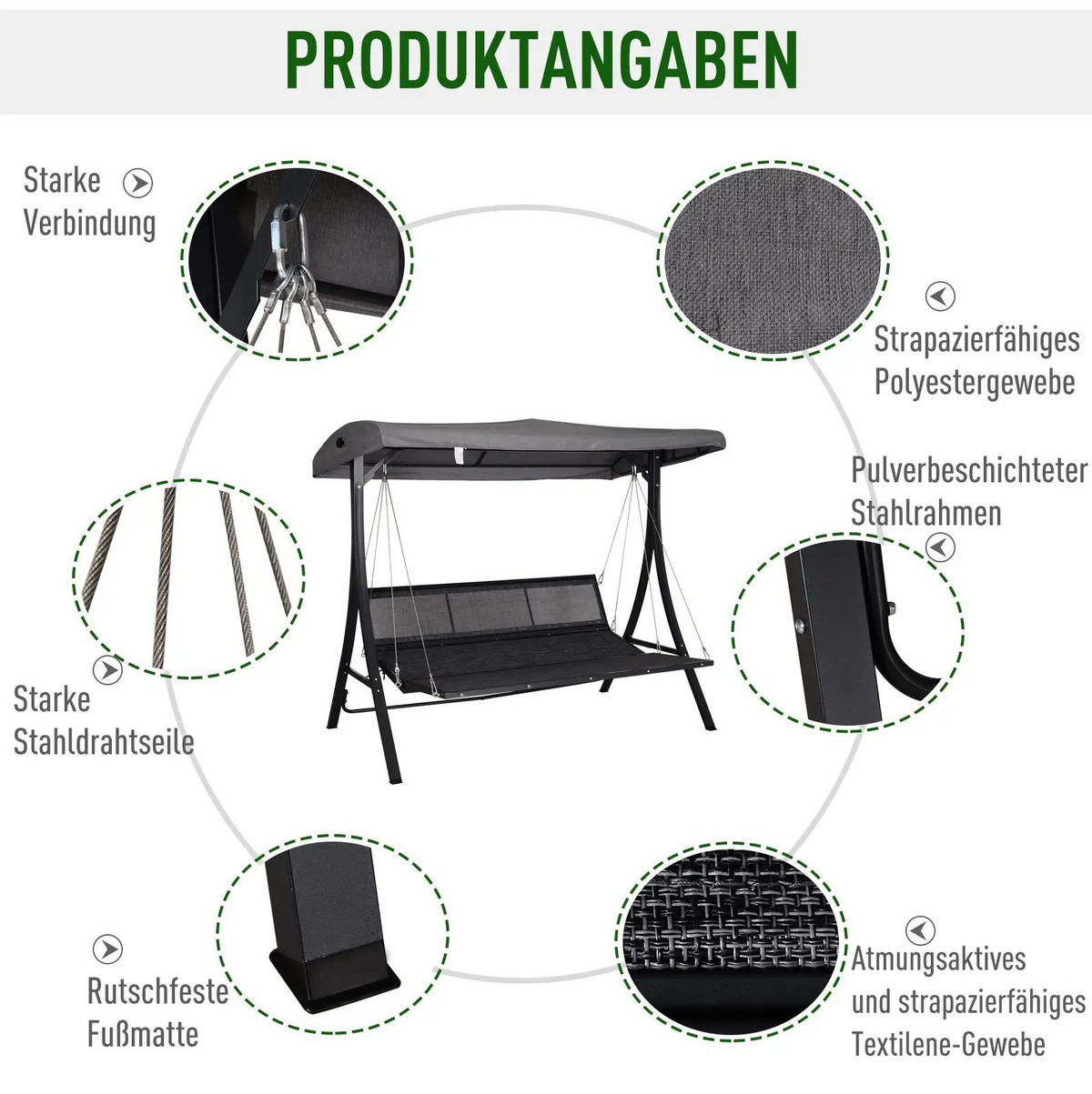 HOLLYWOODSCHAUKEL 3-Sitzer mit verstellbarem Sonnendach und Sitzkissen, stabiler Metallrahmen, Grau - Grau, Metall (115/168/200cm) - Redom