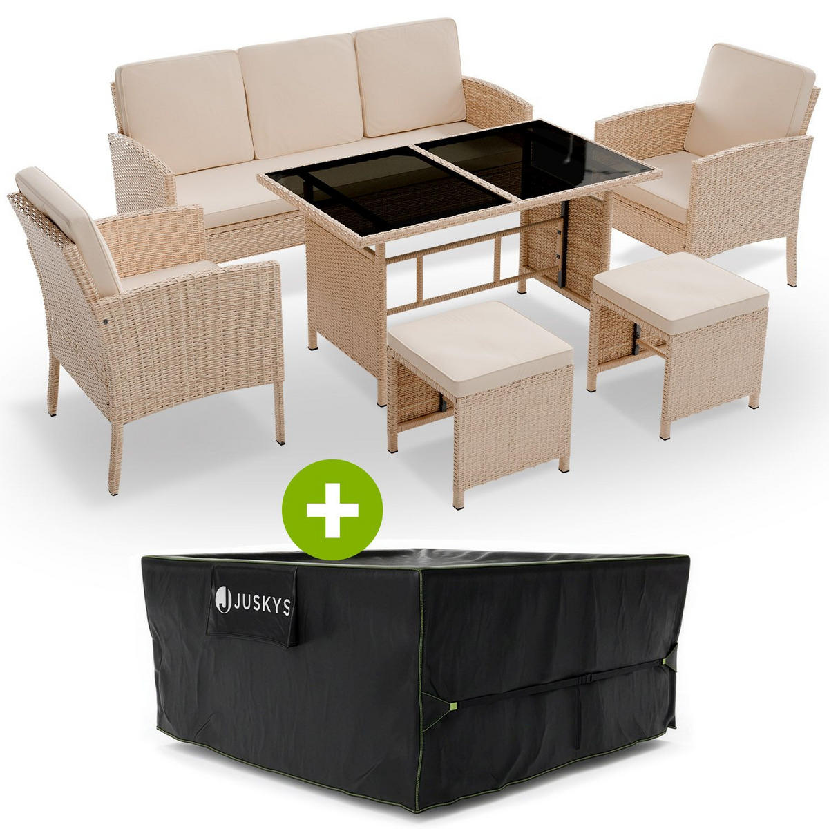 SITZGRUPPE Turin creme Polyrattan inkl. Abdeckung - Creme, Kunststoff - Juskys