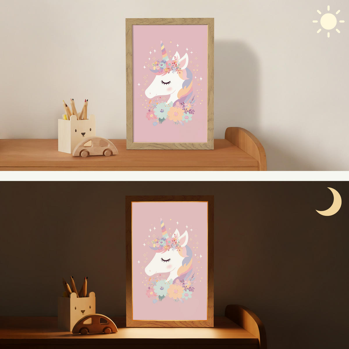 NACHTTISCHLAMPE Einhorn - Rosa - Blumen 20x30 cm - Rosa, Holzwerkstoff (8/20/30cm)