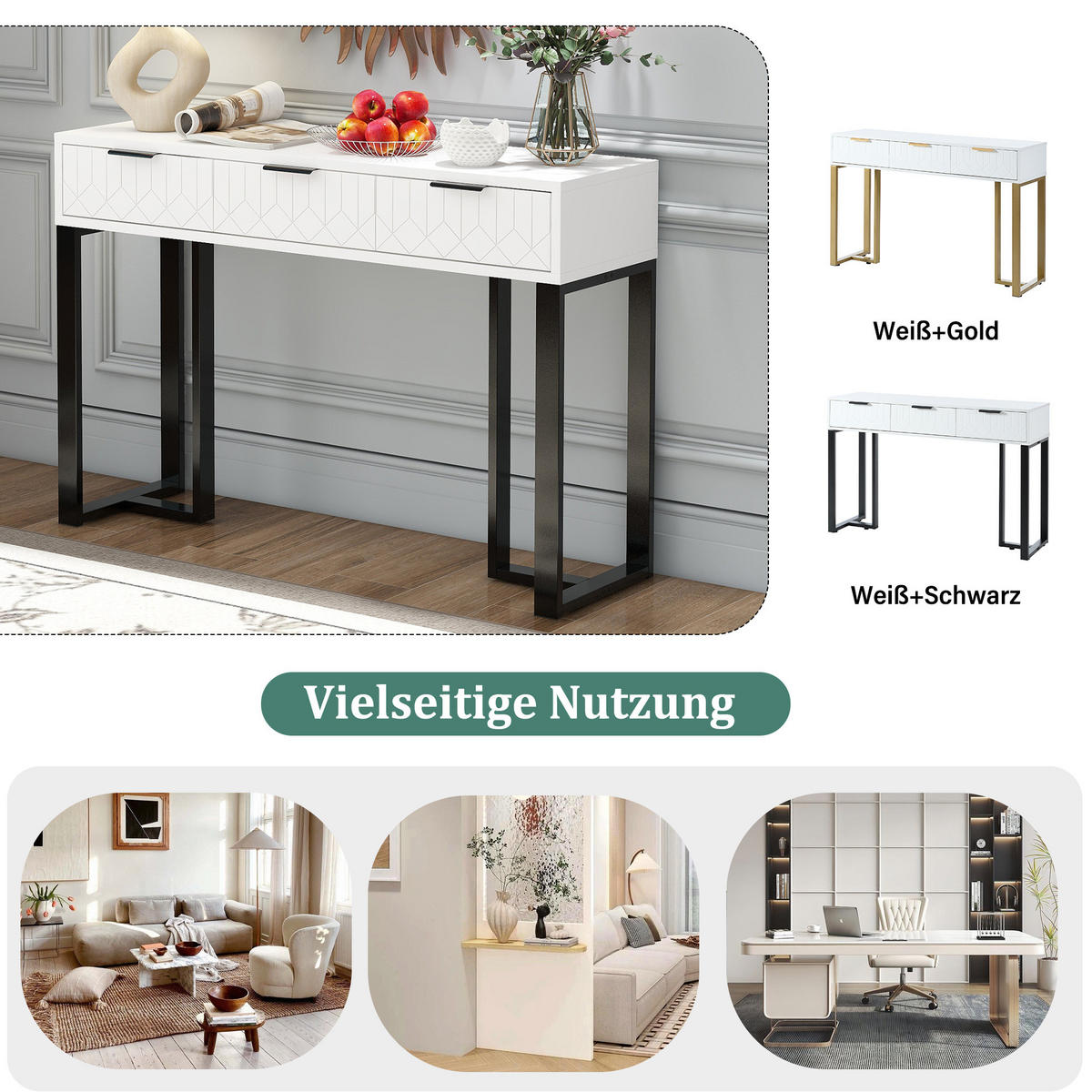 KONSOLENTISCH aus MDF 120x36x80 cm Schwarz/Weiß mit 2 Schubladen, goldfarbenem Metallgestell und verstellbaren Fußpolstern - Schwarz, Holzwerkstoff (36/120/80cm) - Modfu