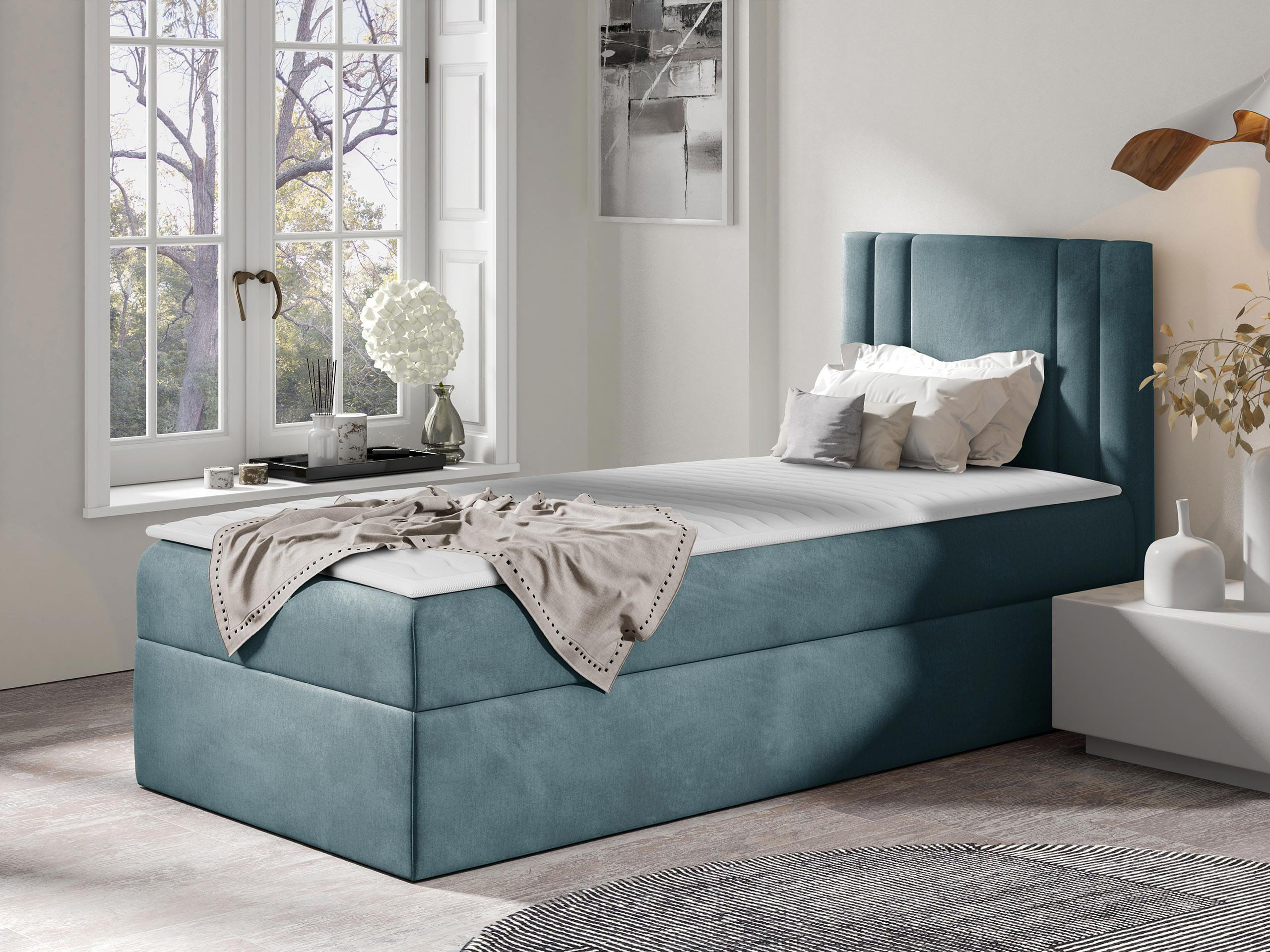BOXBETT Carmen Mini, Seite zum Öffnen des Bettkastens: Rechts - Blaugrau, Holz (100/200cm) - MIRJAN24