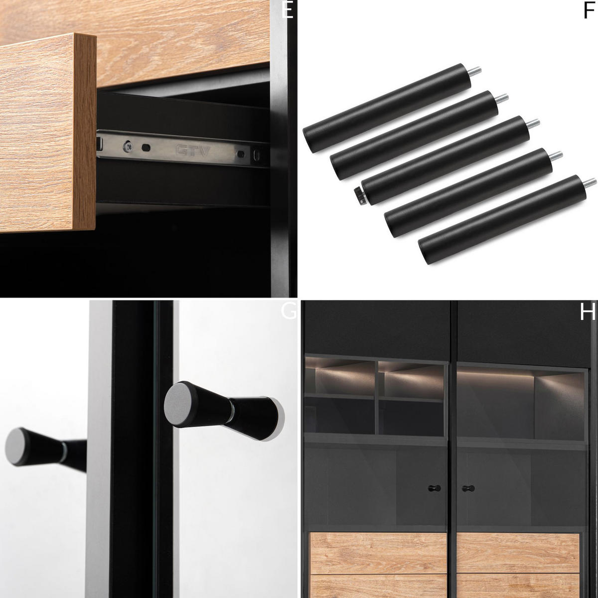 VITRINE LOFTY Kreuz/Außenseiteneinlage, schwarz / Eiche natur - Eichefarben/Schwarz, Holzwerkstoff (102/174/41cm) - KONSIMO®