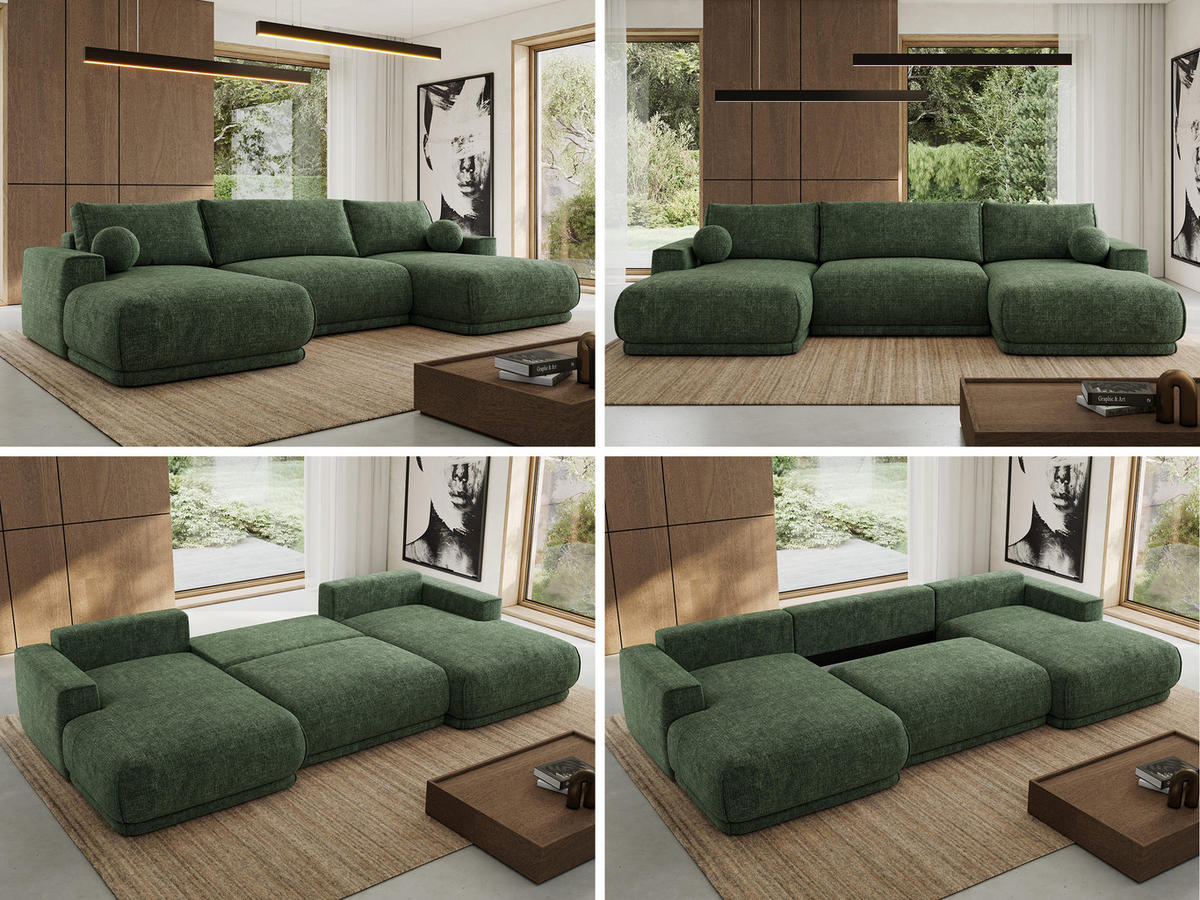 SEDACIA SÚPRAVA RINA U Tmavozelená Hrubo tkaná ženilka - čierna/tmavozelená, textil/plast (360/85/170cm) - MKS