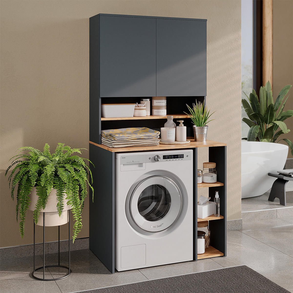 WASCHMASCHINENSCHRANK Viktor, Anthrazit/Goldkraft Eiche, 93.6 x 88.2 cm 2 Teile mit Regal - Honigeiche/Anthrazit, Holzwerkstoff (93.6/88.2/60cm) - Vicco