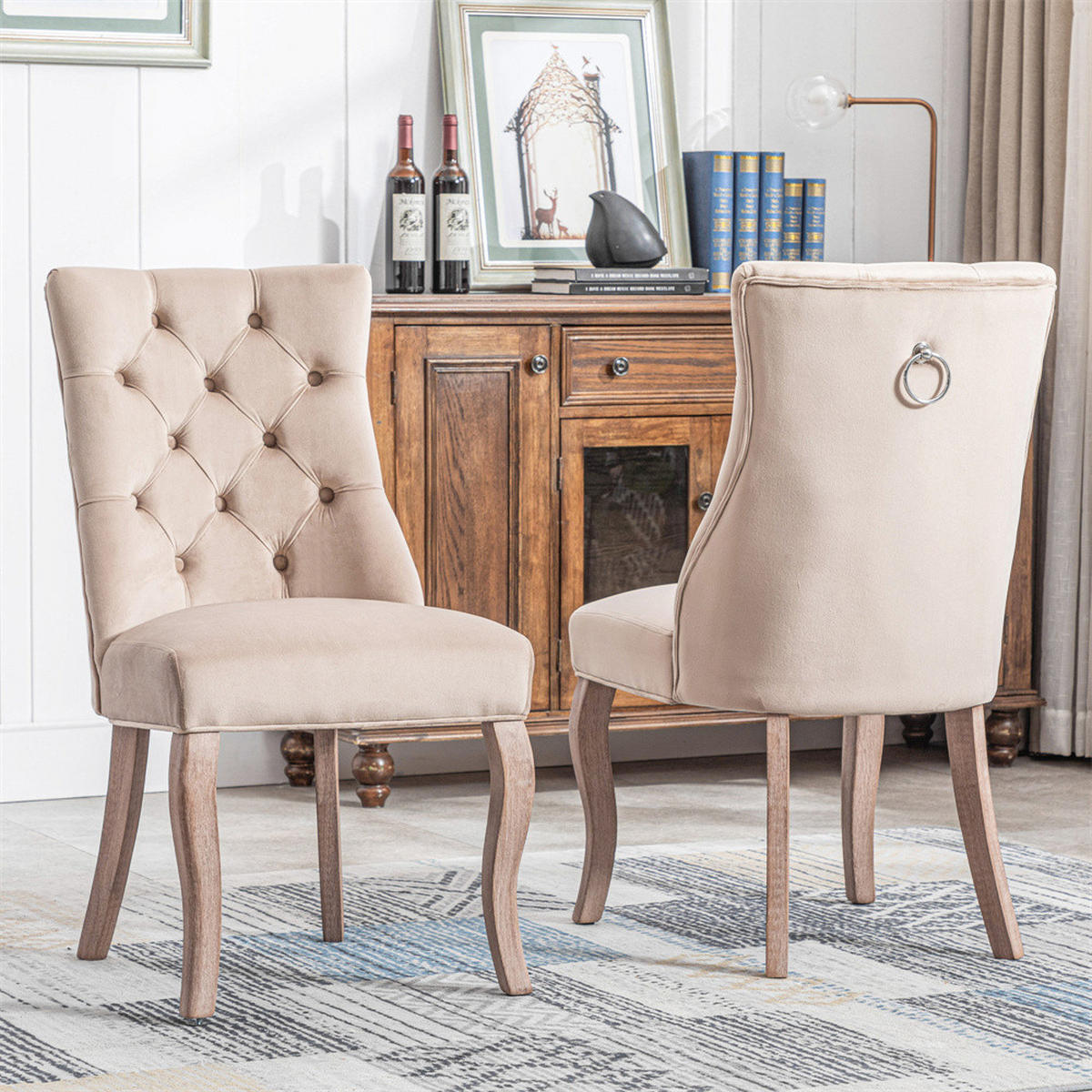 STUHL-SET 2 Stück in Beige Samt - Beige, Holz/Fell (47/97/51cm) - KOMHTOM