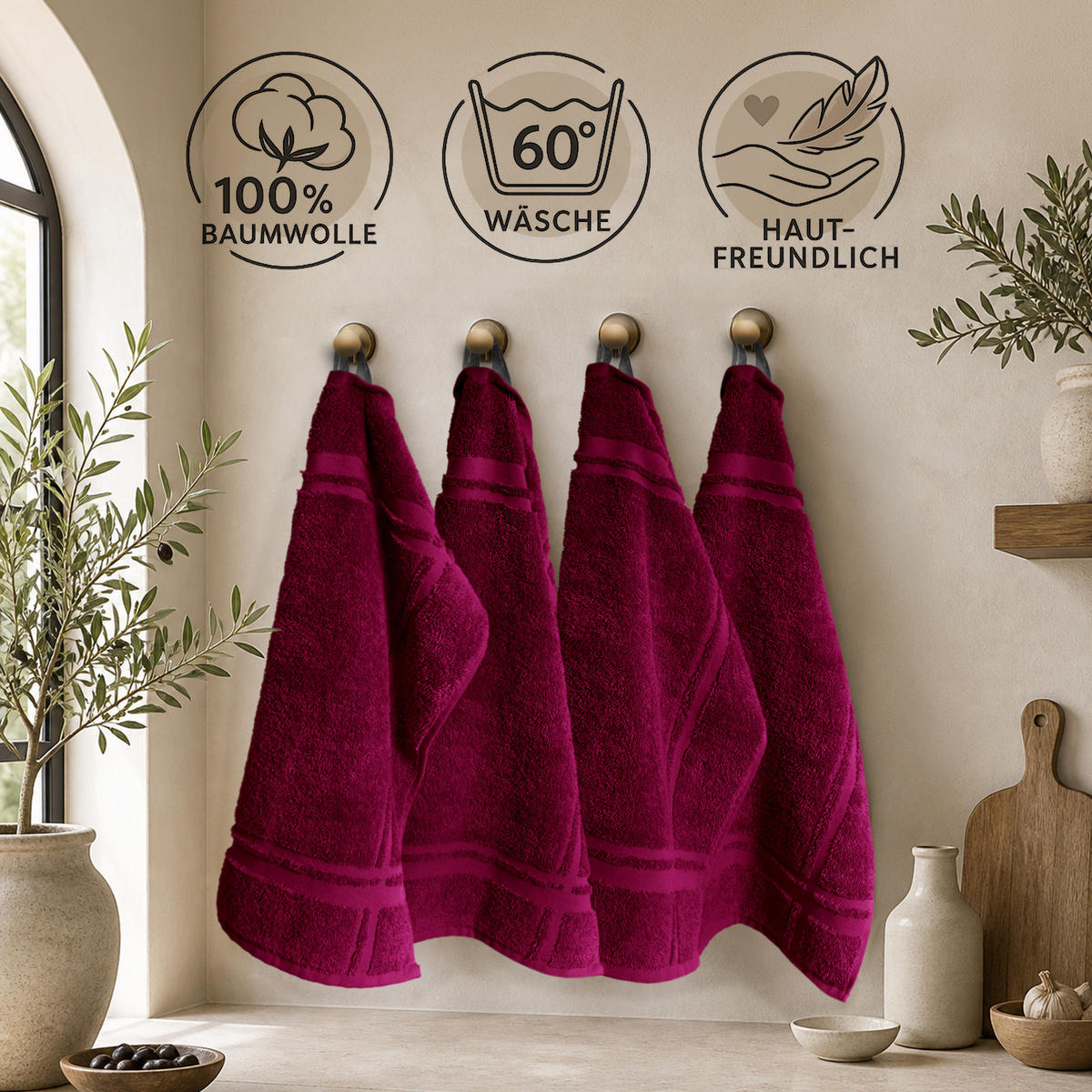 FROTTEE Küchenhandtücher 50x50 cm, 4er Set, Kirschrot - Kirschrot, Textil (50/50cm) - Lashuma