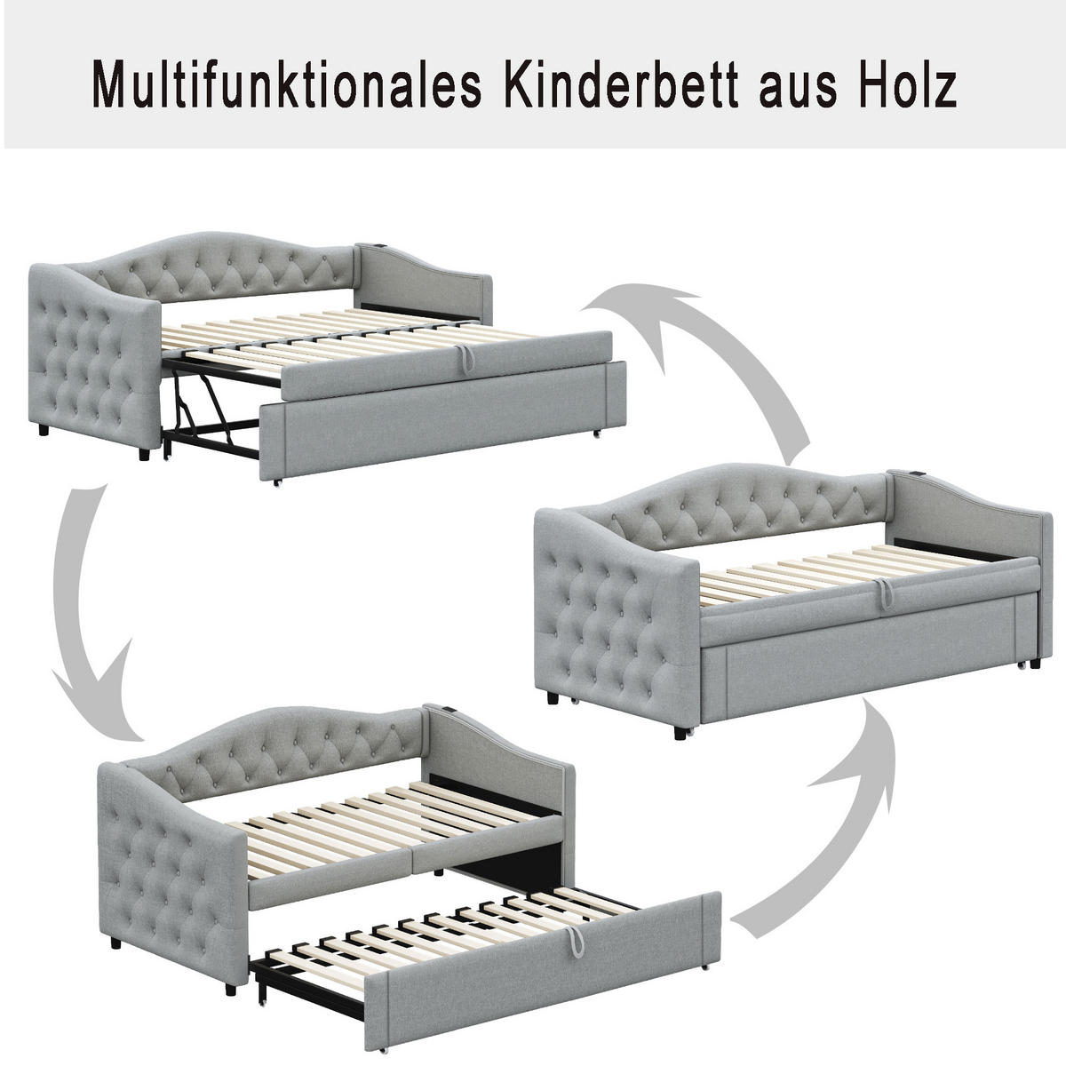 POLSTERBETT 90x200 cm Grau Schlafsofa USB Multifunktion Lattenrost - Grau, Holzwerkstoff - FLIEKS