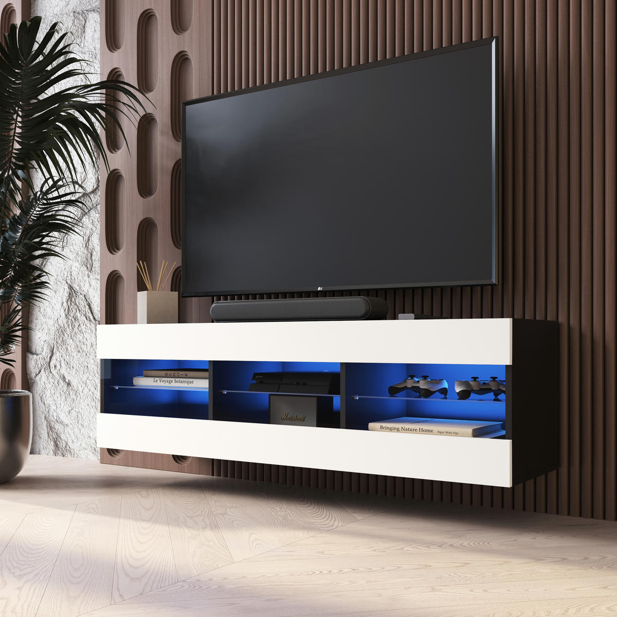 LOWBOARD TIVOLI RTV 140, Weiss, LED Blau - Schwarz/Weiß, Glas/Holzwerkstoff (140/40.5/35.5cm) - Komodee