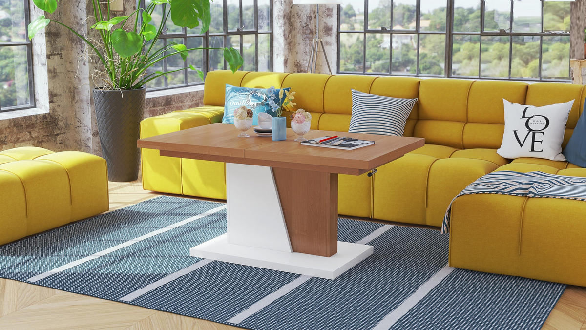 COUCHTISCH rechteckig Erle - Weiß matt ausziehbar höhenverstellbar - Erlefarben/Weiß, Holzwerkstoff (70/120/60cm) - designimpex
