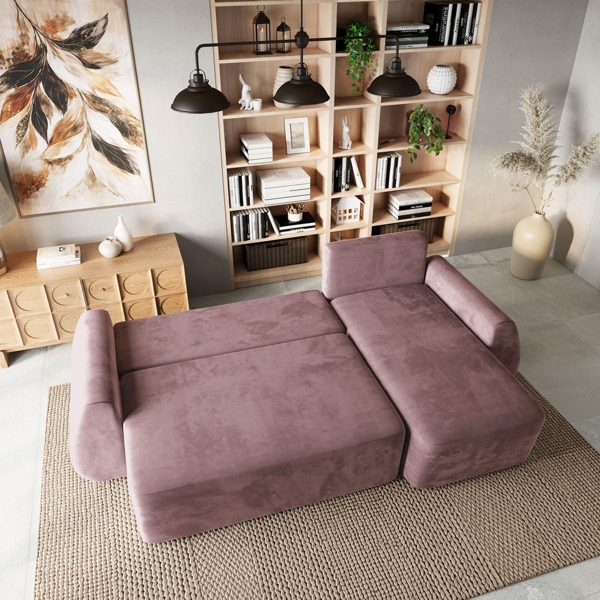 ECKSOFA GALVIS Lila Velours-Stoff mit Schlaffunktion - Lila, Holz (256/156cm) - MASSENO