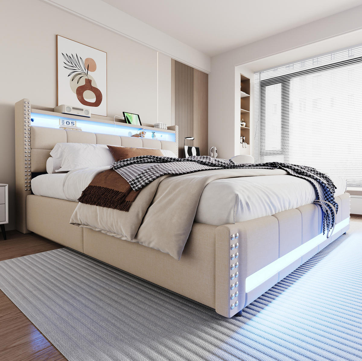 ČALÚNENÁ posteľ 180/200 cm s LED osvetlením, USB portom, úložným priestorom a hydraulickým zdvihom, Béžová - béžová, textil (180/200cm) - Redom