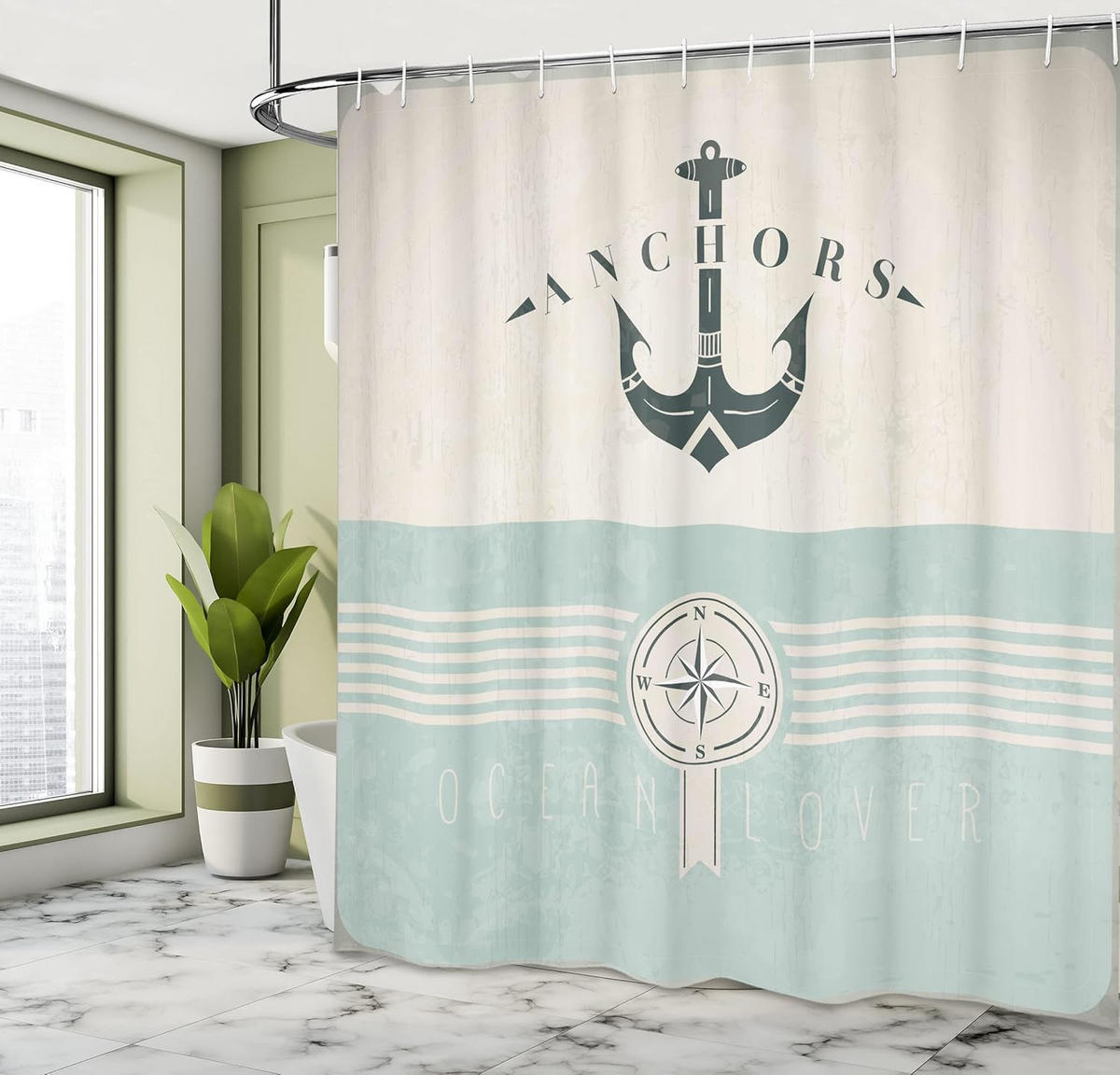 DUSCHVORHANG nautisch Anker Marineblau Vintage Stoff Set Dekor Badezimmer mit Haken Meer Schwarz Beige - Blau, Textil (180/200cm) - MCBOSON