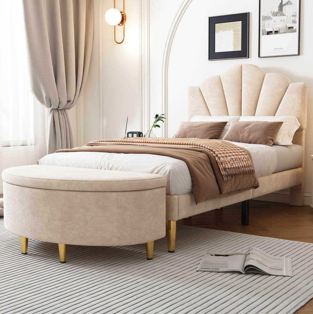 POLSTERBETT aus Samt 90x200 cm Beige mit verstellbarem Kopfteil und Stauraum - Beige, Textil (90/200cm) - IVMEU