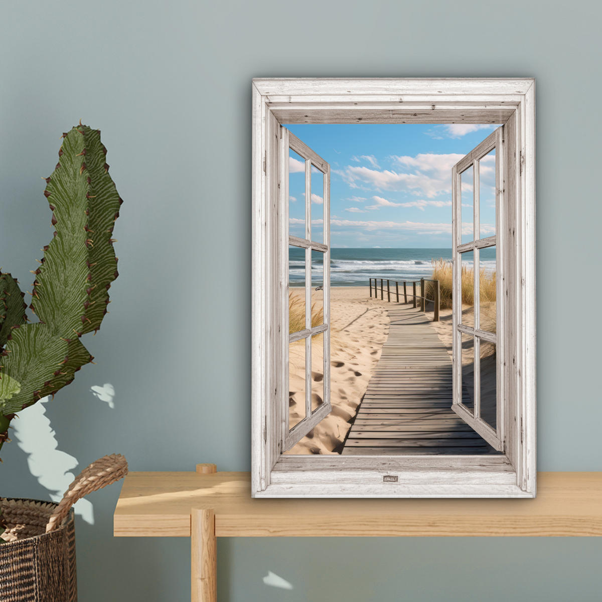 LEINWANDBILD Fenster - Meer - Küste - Natur - Ausblick - Strand - Wattenmeer 20x30 cm - Beige, Textil (20/30cm) - MuchoWow