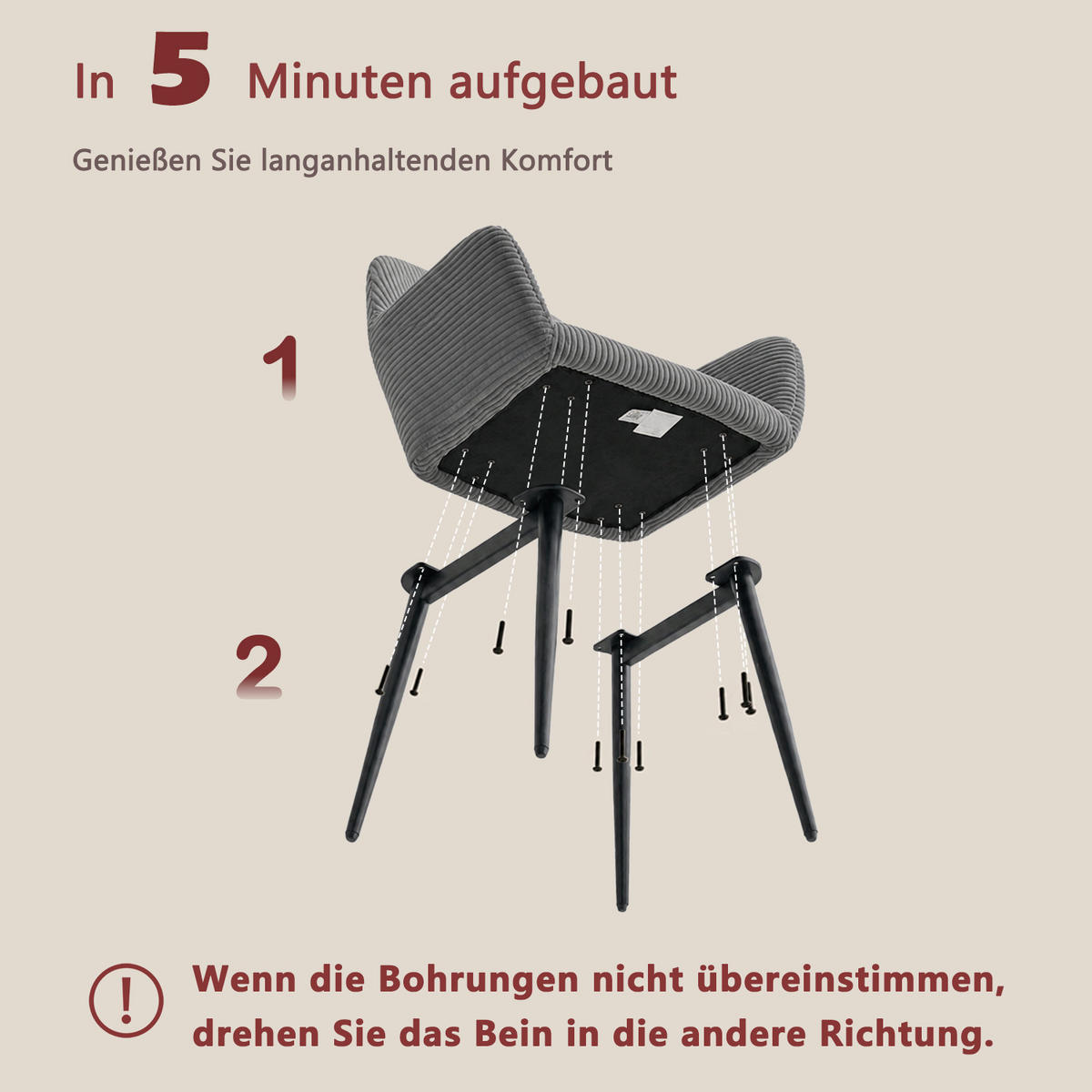 ESSZIMMERSTÜHLE 2er-Set, gepolstert, Cordbezug, Metallbeine, Grau - Grau, Textil (56/78/56cm) - Meubles Cosy