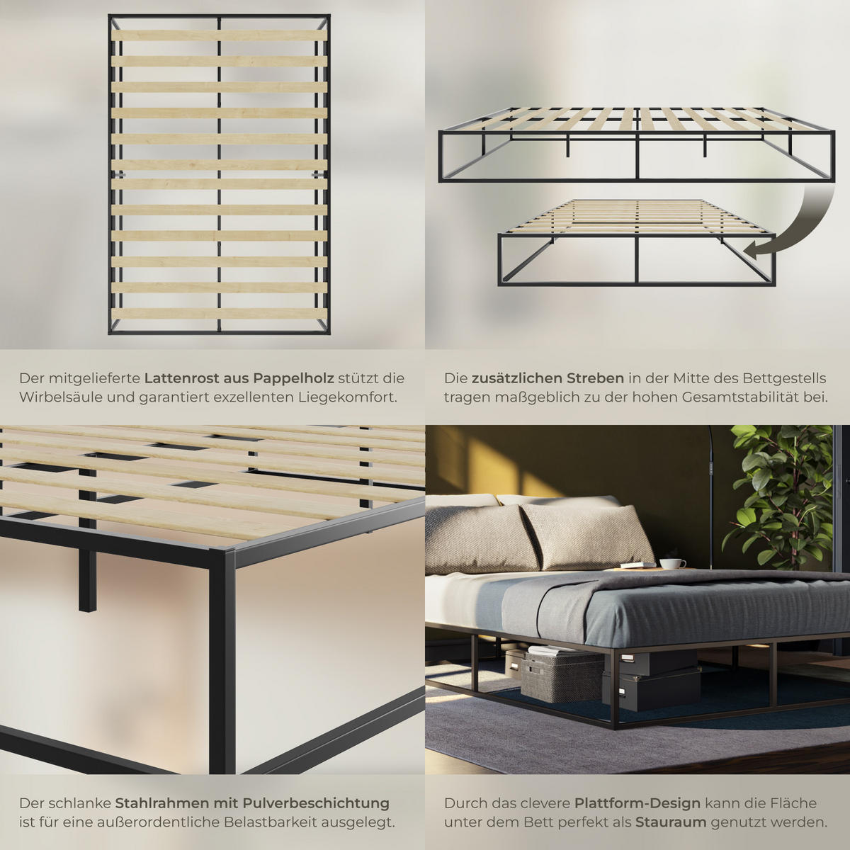 BETT Kyoto,Belastbarkeit 250 kg, bodenschonende Kunststoffkappen,schwarz - Schwarz, Metall - tectake