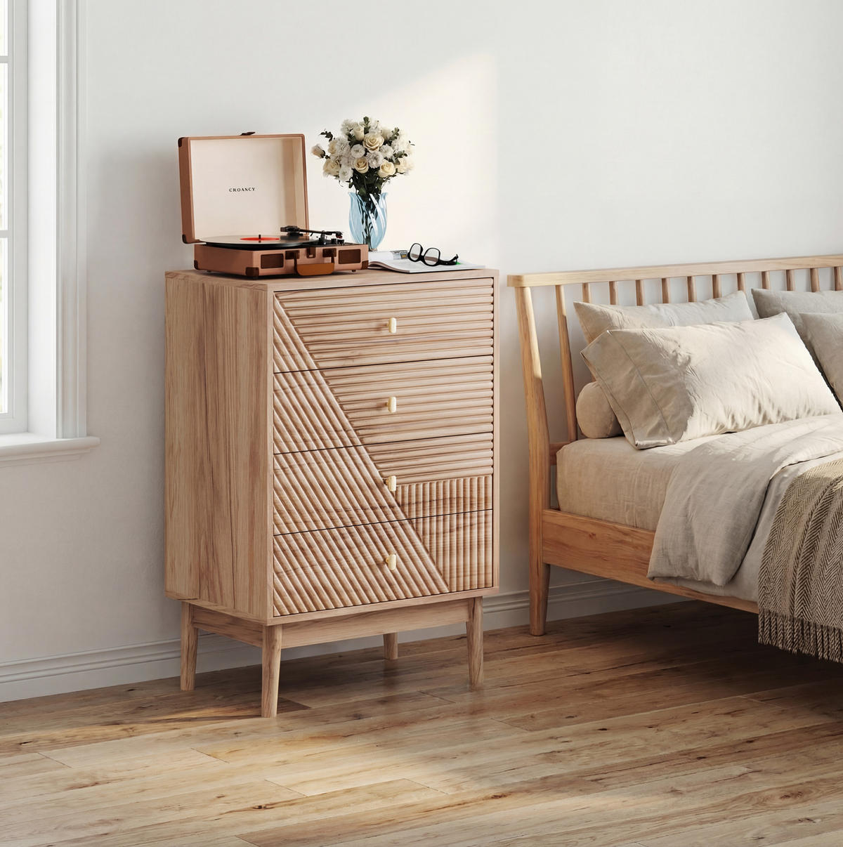 KOMMODE aus MDF und Holzspanplatte 60x40x90 cm eichefarben mit 4 Schubladen und Beinen - Nussbaumfarben, Holzwerkstoff (60/90/40cm) - Modfu