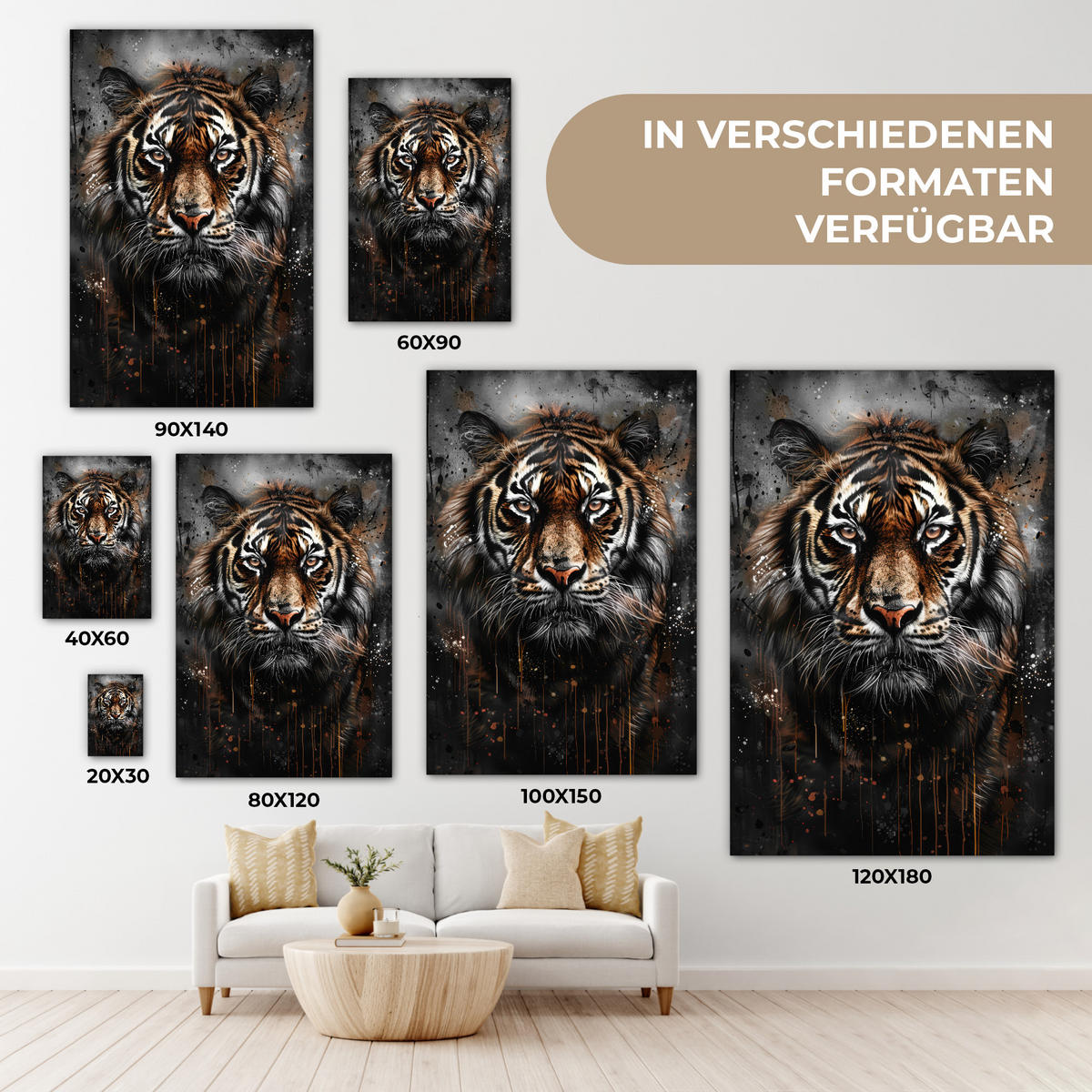 LEINWANDBILD Tiger - Tiere - Porträt - Luxus - Schwarz 60x90 cm - Anthrazit, Textil (60/90cm) - MuchoWow