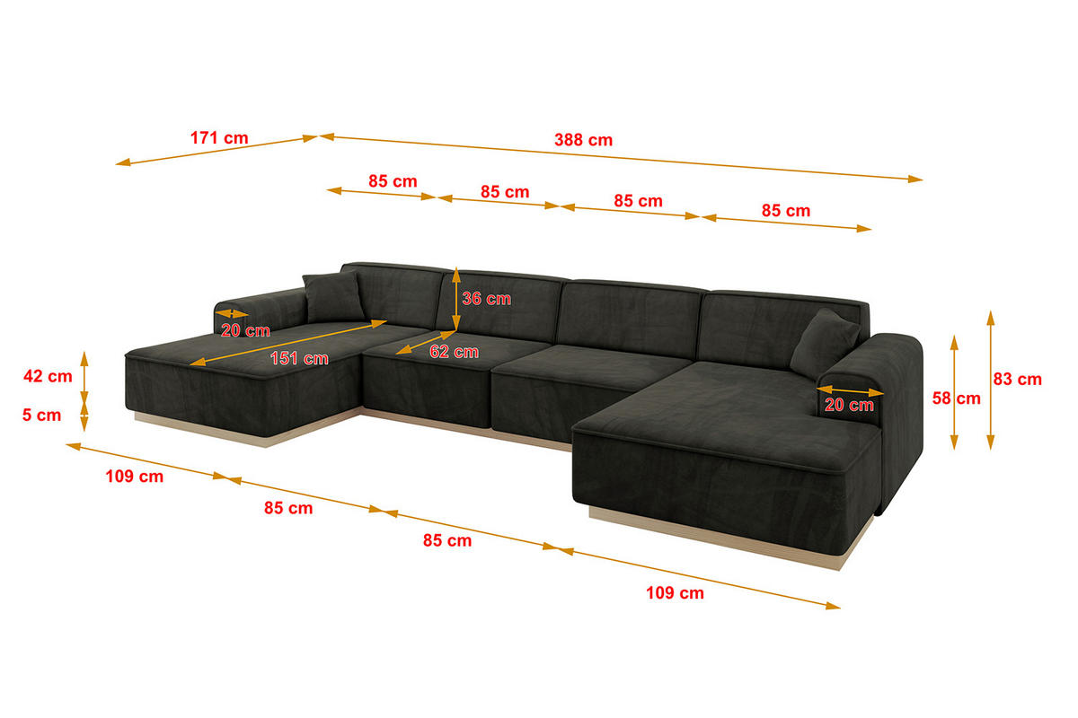 WOHNLANDSCHAFT IREA-U2 - 388x171x83 cm Schwarz - Schwarz, Holzwerkstoff/Textil (388/83/171cm) - ALTDECOR