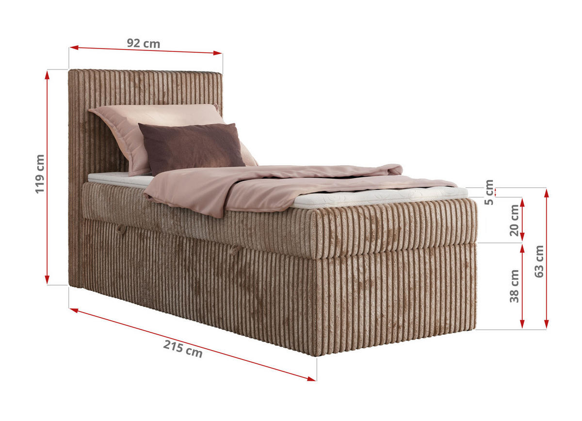 BOXBETT TILIANO 90/200 - Braun Cord - H3 - Rechts - Braun, Textil (90/200cm) - MKS