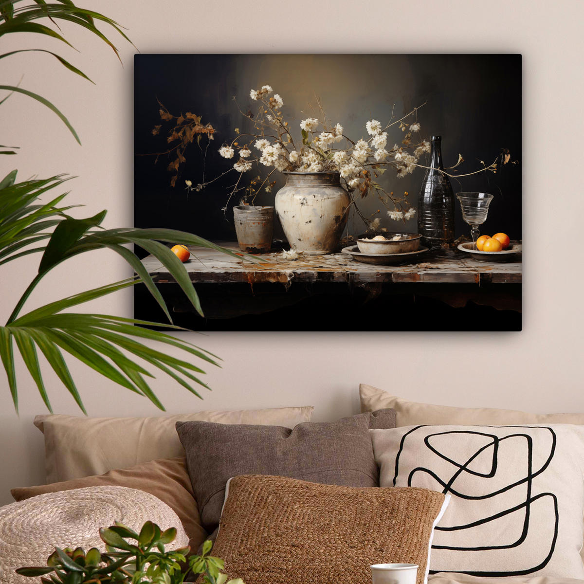LEINWANDBILD Stilleben - Blumen - Blumenstrauß - Vase - Wein Wandbilder 80x60 cm - Schwarz, Textil (80/60cm) - MuchoWow