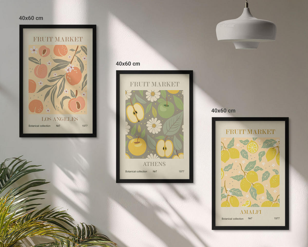 BILDER SET 3er Set - 40x60 cm Schwarzer Rahmen - Retro-Poster mit Fruchtmustern - Schwarz, Kunststoff (40/60cm) - TULUP