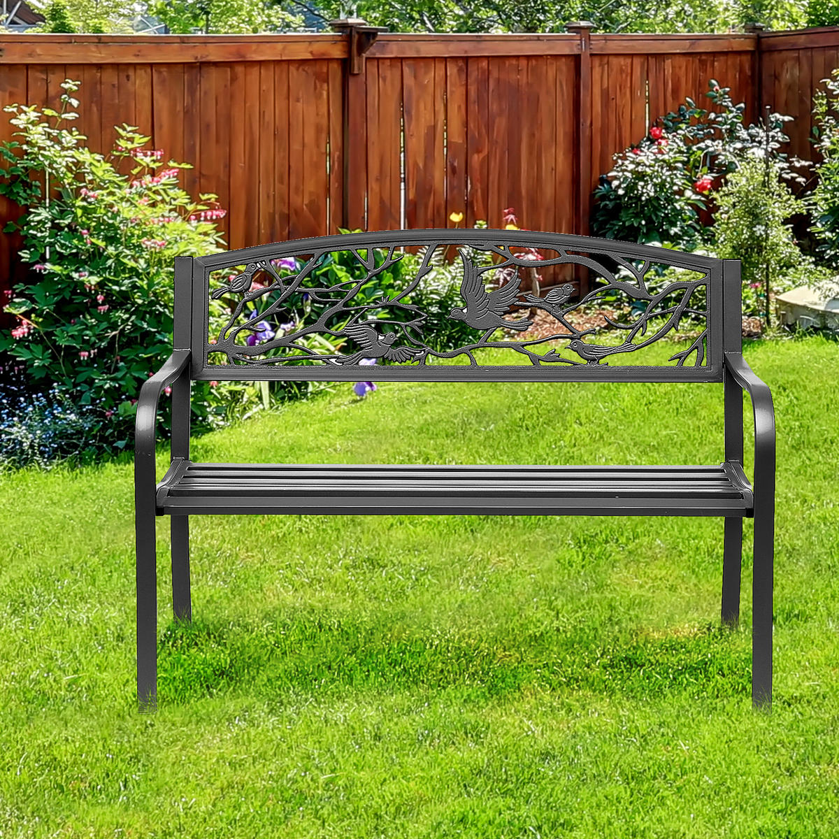 GARTENBANK DE-17749 3-Sitzer mit Vogelmotiv im Rural-Chic Schwarz - Schwarz, Metall (127/85/60cm) - ComfortXL