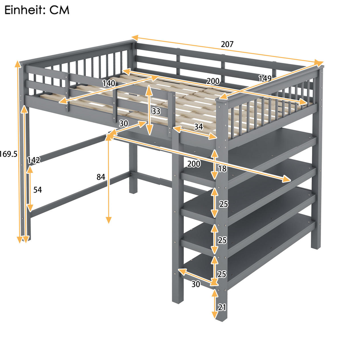HOCHBETT 140/200 cm, Grau mit Schreibtisch und Ablagefächern ohne Matratze - Grau, Holz (140/200cm) - MIVRAY