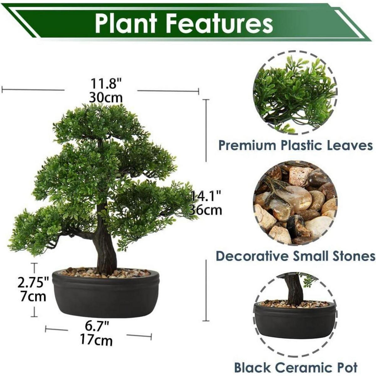 KUNSTBONSAI Podocarpus mit Keramik-Übertopf Schwarz 35.8 cm - Grün, Kunststoff (36cm)