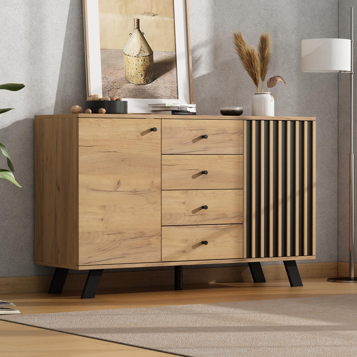 KOMODA 120/38/75 cm crna i prirodna od MDF-a s 4 ladice i 2 ormarića - crna, drvni materijal (120/75/38cm) - OKWISH