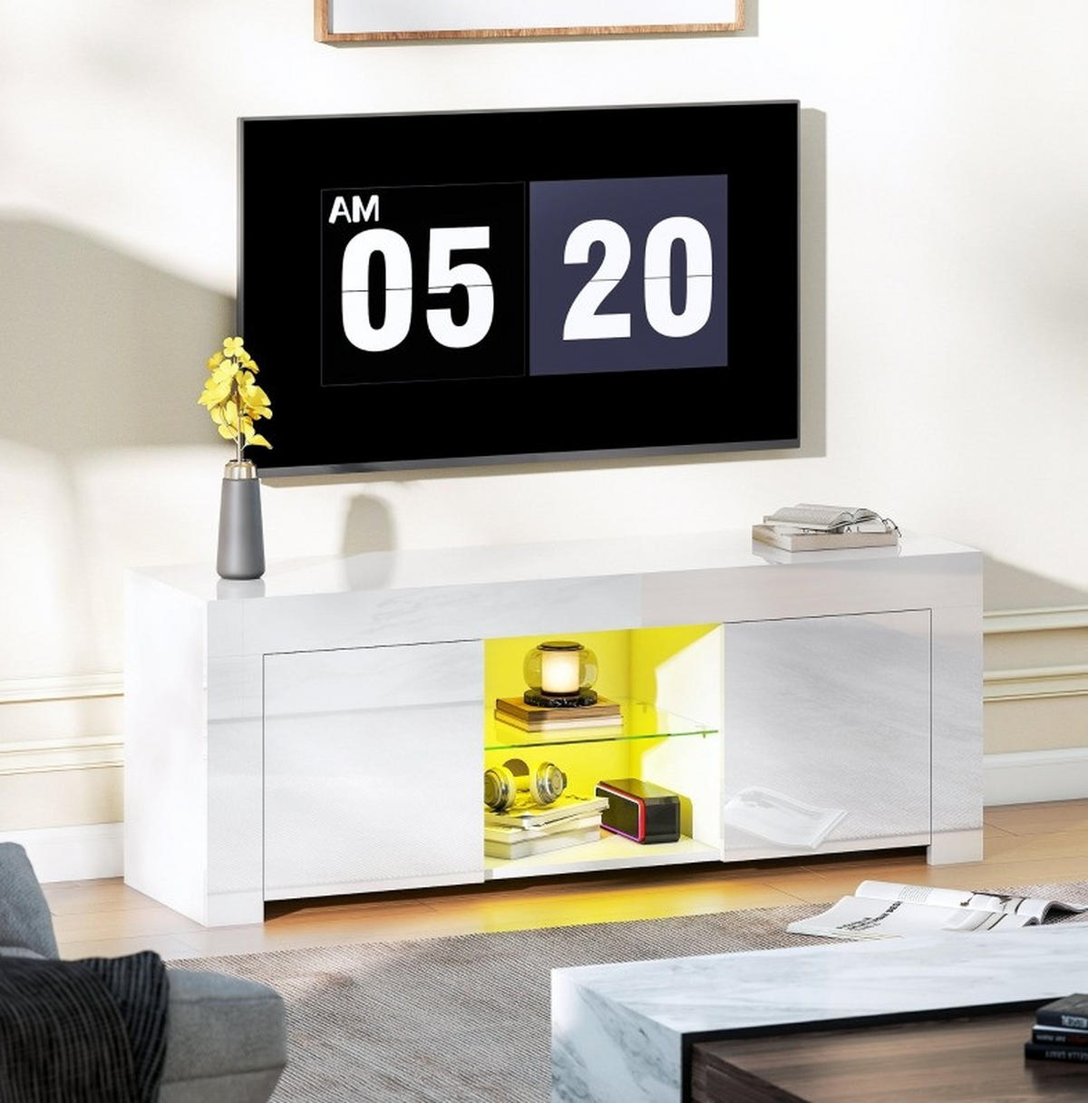 TV-LOWBOARD 120/34/45 cm mit LED-Beleuchtung & Kabeldurchlass - Weiß, Glas (120/45/34cm) - BEAOK
