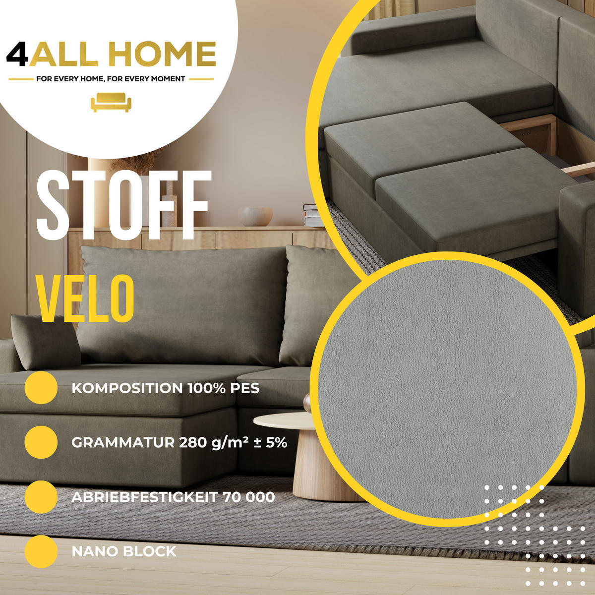 ECKSOFA Paco mit Bettkasten und Schlaffunktion, L-Form/XL-Form, Velourstoff, Universal - Hellgrau, Holzwerkstoff (276/145cm) - 4ALL HOME