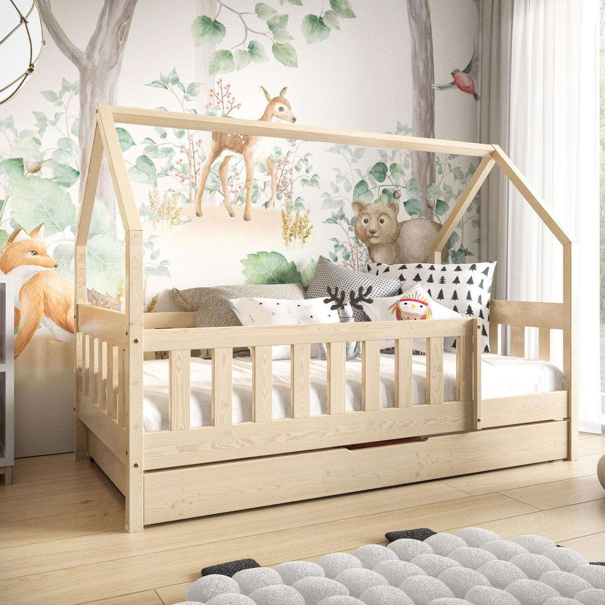 KINDERBETT Holzbett LUMBE, Hausform - Kieferfarben, Holz (80/160cm) - KONSIMO®
