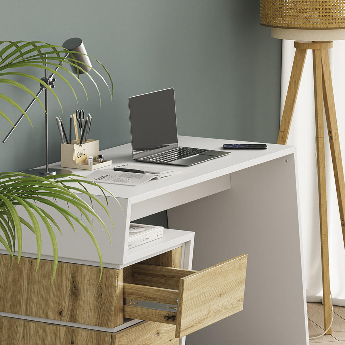 SCHREIBTISCH Okaro Weiß/Eiche 105 x 50 cm mit 3 Schubladen - Eichefarben/Weiß, Holzwerkstoff (50/105/75cm) - Vicco