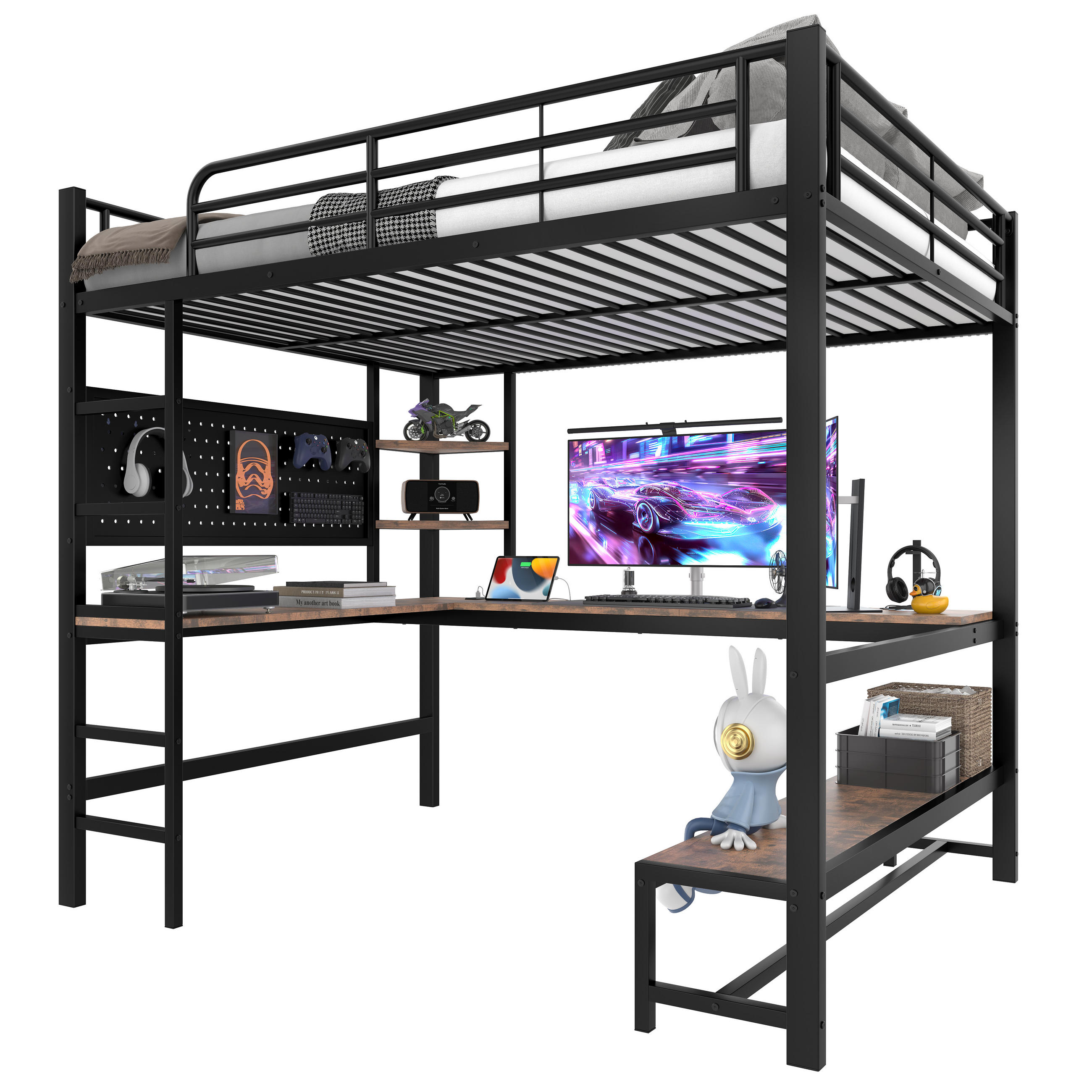 STILVORA HOCHBETT 140/200 cm in Schwarz mit Schreibtisch, Ablagen, LED und USB/Type-C