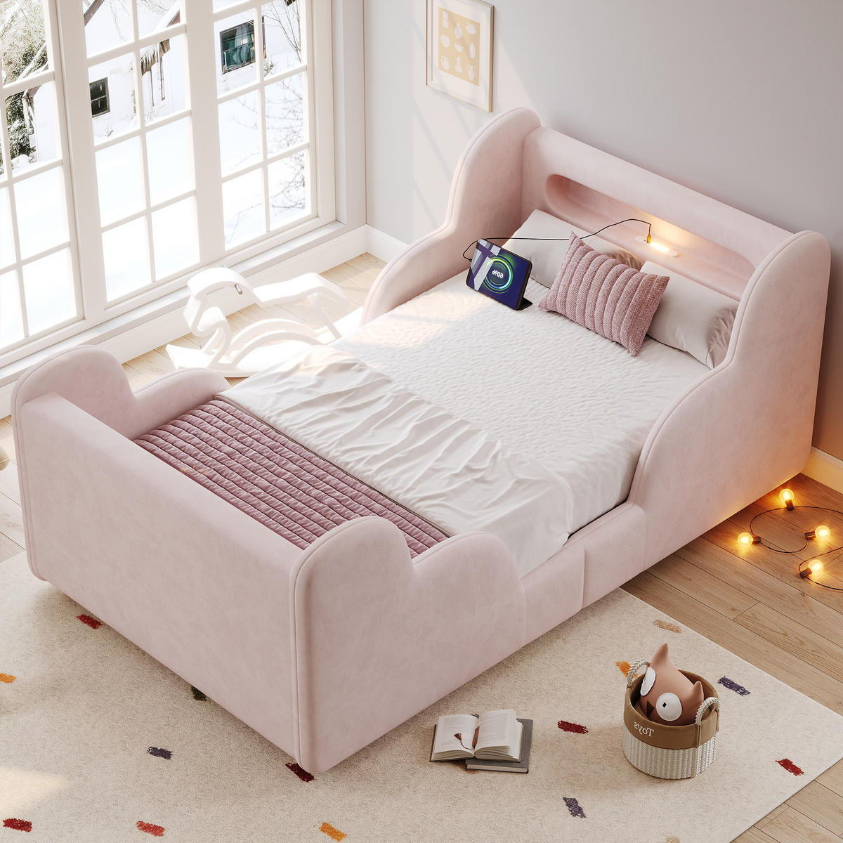 KINDERBETT Rosa Samt 90x200 Schutzgeländer Massivholz - Pink, Textil (90/200cm) - FLIEKS