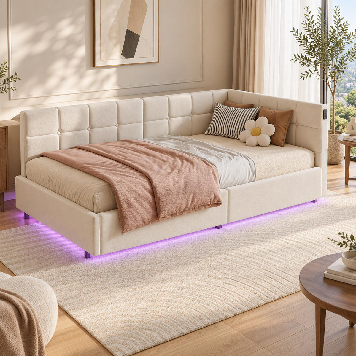 TAGESBETT 90/200 cm in Beige mit LED, Stauraum & USB-Ladestation - Beige, Holz/Metall (90/200cm) - PARAFTA HOME