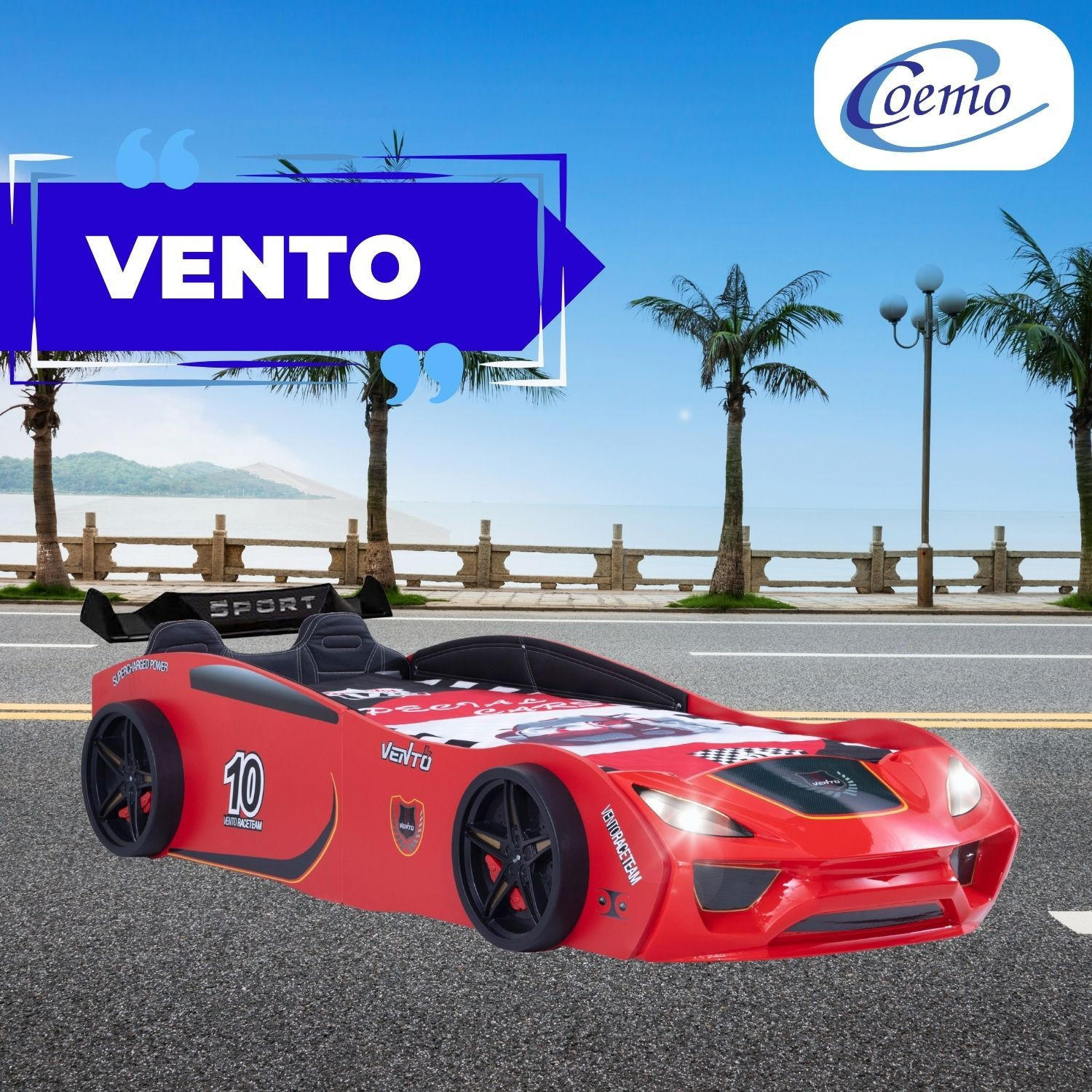 AUTOBETT VENTO SPORT in Rot Kinderbett mit Lederpolster und Lattenrost - Rot, Holzwerkstoff (90/200cm) - Coemo
