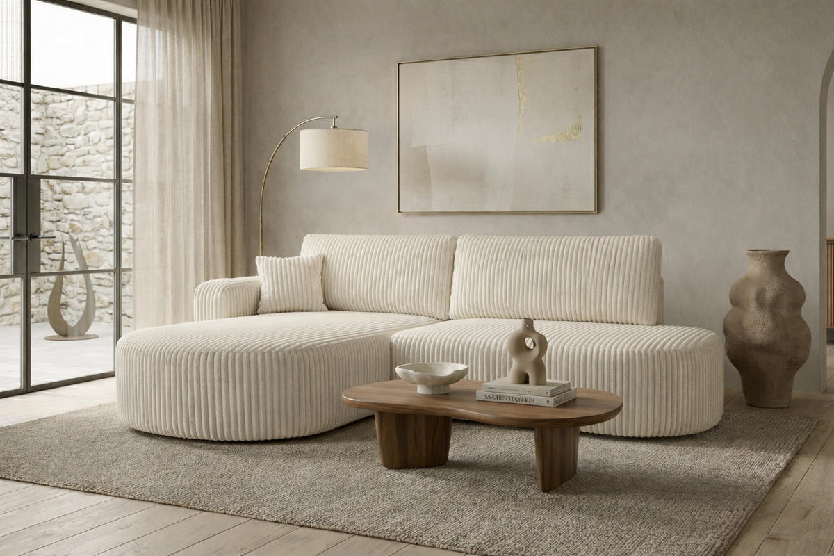 ECKSOFA Mit Schlaffunktion Und Bettkasten, Cordstoff Tilia, Ecru, Links, ROUND ONE OPEN XL - Ecru, Holz (262/175cm) - Kaiser Möbel