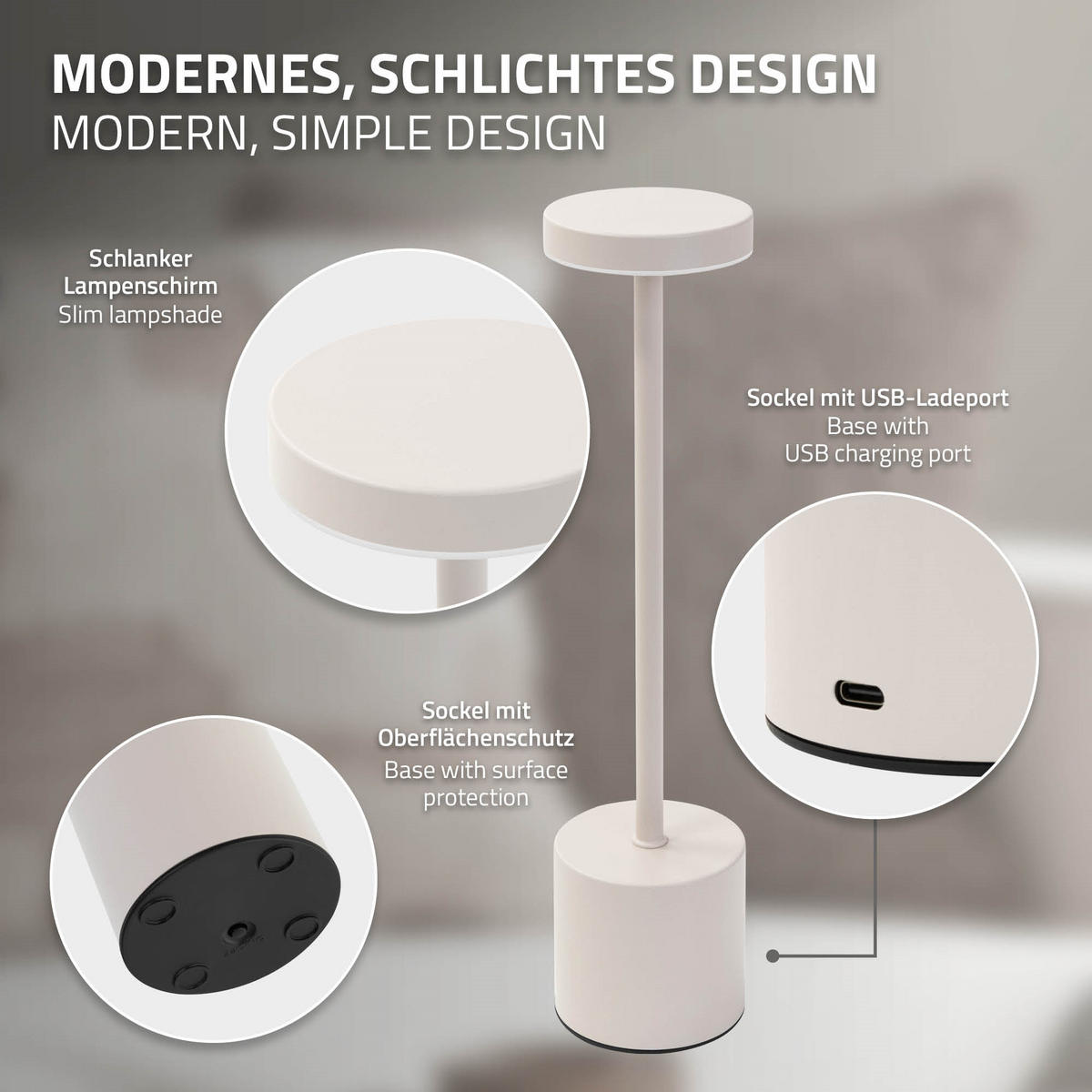LED TISCHLAMPE kabellos Touch Creme Ø8x34,5cm 3 Lichtfarben Dimmbar - Creme, Kunststoff (8/8/34.5cm) - ML-DESIGN
