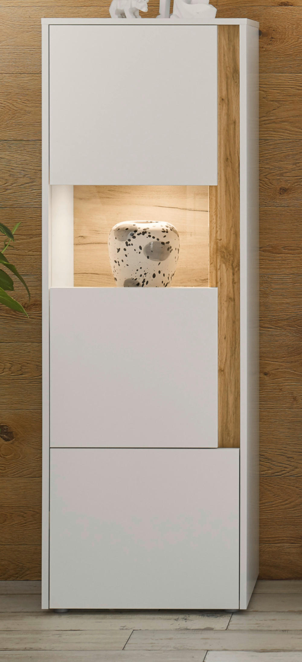 VITRINE weiß, Eiche Wotan 50 x 155 cm, Vitrinenschrank mit 4 Fächern - Eiche Wotan/Schwarz, Glas/Holzwerkstoff (50/155/40cm) - Furn.Design